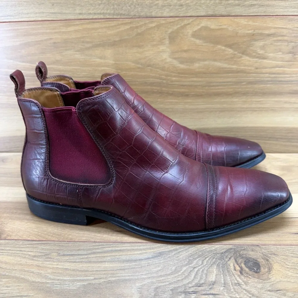Salvatore Ferragamo Chelsea Boots Mens 8 EU 42 Burgundy Croc Embossed Square Toe